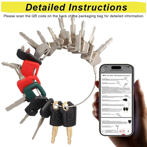 16 Piece Heavy Equipment Master Keys Set For Excavators Dozers Skid Steers Forklifts And Rollers Universal Compatibility With Cat John Deere JCB Kubota Hyster Hitachi Volvo Komatsu JLG Takeuchi And More Durable Key Kit For Contractors on wire ring with smartphone displaying instructions.