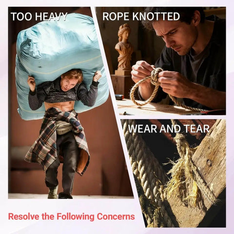 Man struggling with heavy bag, person tying knotted rope, frayed rope; addresses concerns with 90 Degree Right Angle Lifting Pulley System