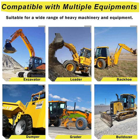 16 Piece Heavy Equipment Master Keys Set For Excavators Dozers Skid Steers Forklifts And Rollers Universal Compatibility With Cat John Deere JCB Kubota Hyster Hitachi Volvo Komatsu JLG Takeuchi And More Durable Key Kit For Contractors image showing excavator, loader, backhoe, dumper, grader, and bulldozer.