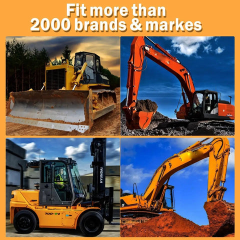 Heavy construction machinery including a bulldozer, excavator, forklift, and loader in action. 100 NonRepeating Full Range Master Equipment Key Set With 5 Keyrings For Heavy Construction Machinery Including Excavators Dozers Loaders Generators And More Compatible With CAT Kubota John Deere JCB Yanmar Takeuchi Komatsu Volvo Toyota And More. Text: 'Fit more than 2000 brands & marks'