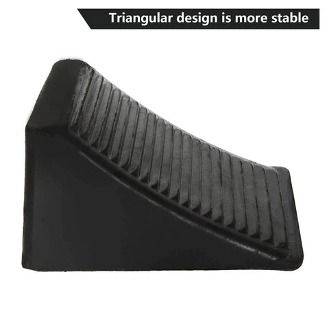 Heavy Duty Rubber Wheel Chocks 4 Pack For Trailers And RVs Ideal For Cars Travel Trailers Trucks And ATVs 6.3 X 4 X 4 Inches UV And Oil Resistant All Weather Black Chocks By CertBuy side view showing triangular design