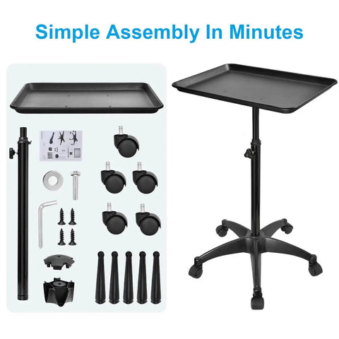 Salon Rolling Tray Cart With Height Adjustable Aluminum Tray Premium Mobile Tattoo Styling Trolley For Beauty Spa Clinic Anti Corrosion Smooth Quiet 5 Swivel Casters shown disassembled and assembled.