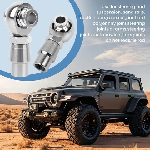 8 pcs 3/4 inch Heim Joint Rod End Kit shown with chromoly panhard rod ends, spacers, and tube adapters alongside a rugged off-road vehicle.