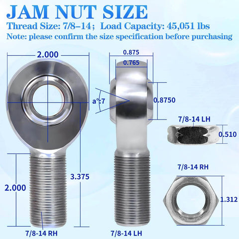 Dimensions of 7/8-14 Heim joint rod end kit economy with jam nuts, heat treated C1045 steel, left and right hand thread.