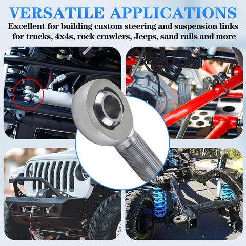 7/8-14 Heim joint rod end kit shown in versatile applications like trucks and 4x4s with left and right thread, jam nuts, zinc finish, C1045 steel