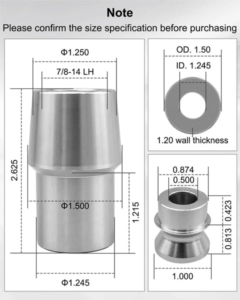 Diagram of components for 7/8 x 7/8-14 Heim Joint Rod End Kit with specs, chromoly material, and .120 wall thickness.