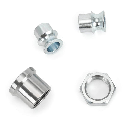 Components of 1.25 inch Heim Joint Rod End Kit, including chromoly round tube adapters and high misalignment spacers, for steering and suspension.