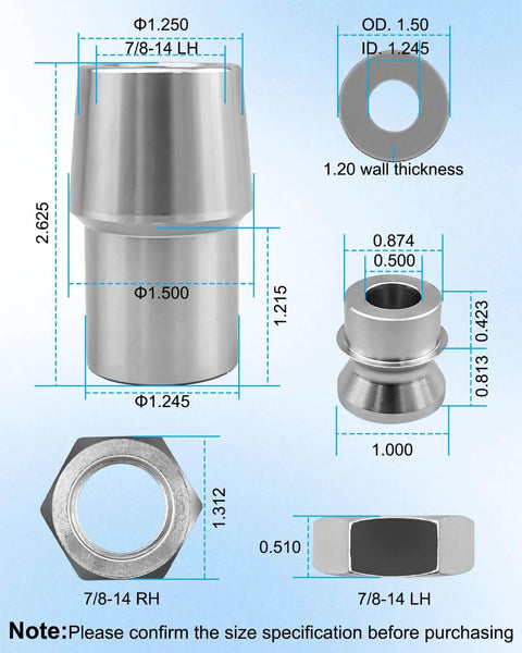 Diagram of 7/8 x 7/8-14 Heim Joint Rod End Kit with Right and Left Hand Threads showing dimensions and Chromoly material details