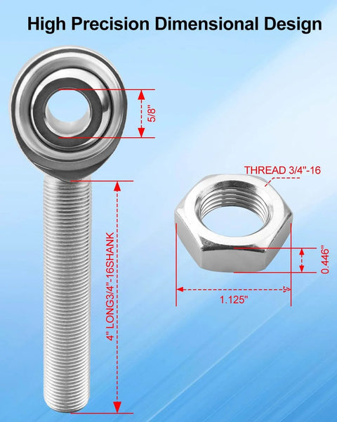 Right hand 3/4 inch Heim joint rod end with jam nut, 5/8 inch bore, 4 inch shank, zinc finish, showing dimensions for steering applications