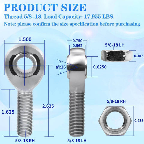 Diagram of 5/8" Heim Joint Rod End Bearing w/Jam Nut,LH and RH 5/8"-18 Thread x 0.625" Bore Chromoly Panhard Rod End Kit
