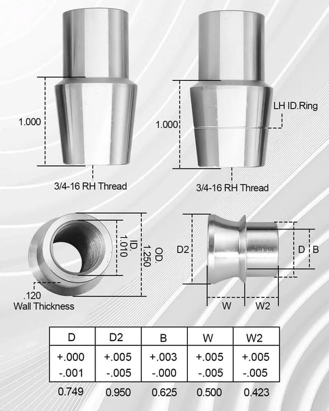 Tube adapters for 3/4 Heim Joint Rod End Kit with Left and Right Hand Threads, detailed dimensions and specifications shown.