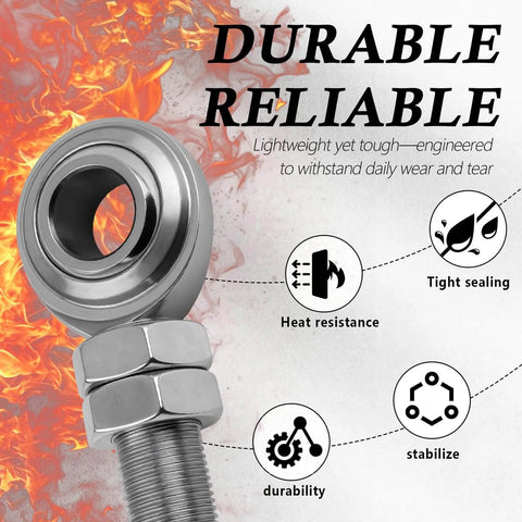 Stainless Steel 3/4-16 Rod End Bearing with Dual Nuts for Steering Suspension, emphasizing heat resistance and durability.