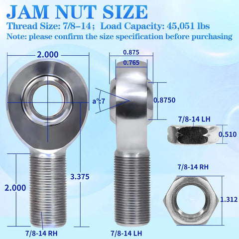 Diagram of 7/8-14 Heim Joint Rod End Kit showing measurements and jam nut, chromoly steel, for heavy duty links.