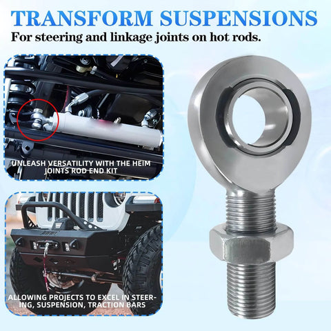 7/8-14 Heim joint rod end kit economy with jam nuts for steering and suspension applications, shown on vehicle chassis.