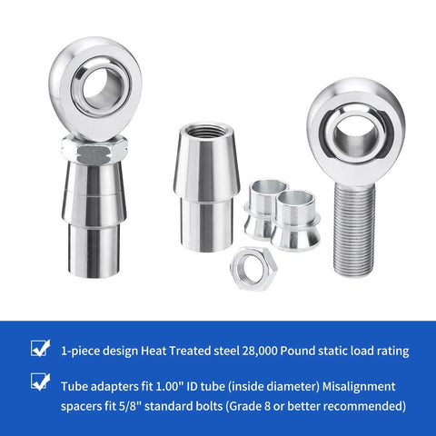 3/4 Heim Joint Rod End Kit with Left and Right Hand Threads, Heavy Duty 750 Chromoly Joints, tube adapters, and misalignment spacers