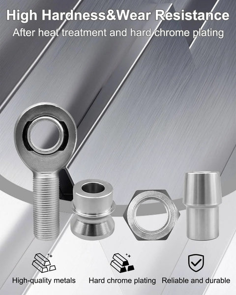 Components of 7/8 x 7/8-14 Heim Joint Rod End Kit with RH & LH Threads, Chromoly parts, HMS spacers, exhibited on metal background