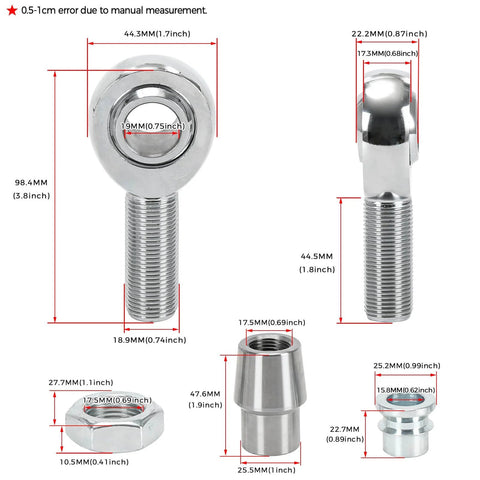 3/4 Heim Joints Rod End Kit with Right & Left Hand Threads, 750 Bore Chromoly, dimensions and components overview for suspension and steering