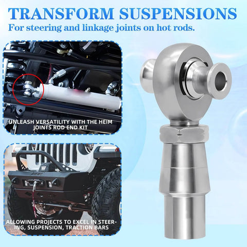 7/8-14 Heim Joint Rod End Kit, chromoly steel, for suspension links and panhard bars, shown with installation examples on vehicles