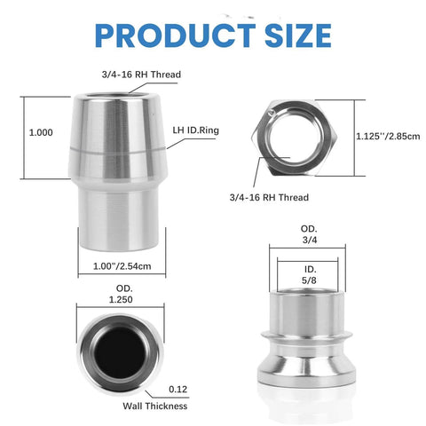 8 pcs 3/4 inch Heim Joint Rod End Kit, chromoly panhard rod ends with right and left hand thread shown with measurements