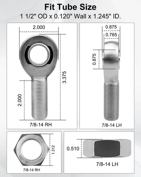Dimension details of 7/8 x 7/8-14 Heim Joint Rod End Kit with RH & LH Threads, Chromoly Steering and Suspension Bar