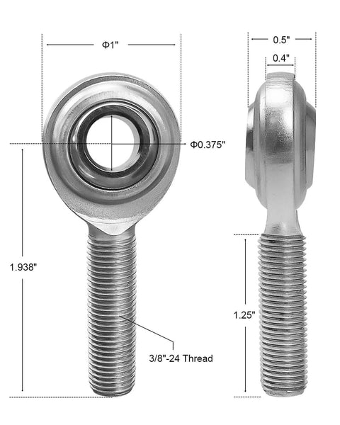 3/8 x 3/8-24 Heim Joints Rod End Kit Economy Set with Right and Left Hand Threads dimensions diagram