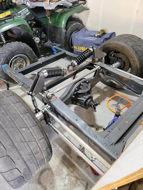 Vehicle frame with installed 1/2 Heim Joints Rod End Kit with Right and Left Hand Threads, 0.5 Chromoly Panhard Joints