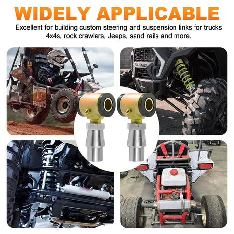 5/8-18 Heim Joint Rod End Kit for 4-link suspension and steering, shown with different vehicle builds in off-road settings.