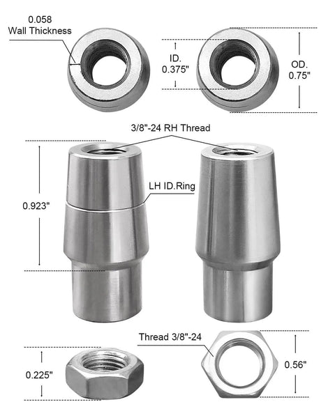 Diagram of 3/8 x 3/8-24 Heim Joints Rod End Kit Economy Set with Right and Left Hand Threads, .058 Tube Bungs, Jam Nut dimensions.