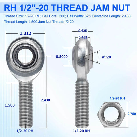 Economy adjustable heim joint rod end kit with right hand 1/2-20 thread and 1/2 inch bore with jam nut, dimensions labeled