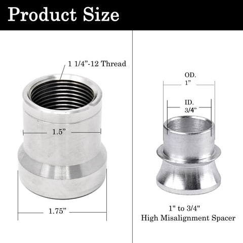 1.25 Heim Joint Rod End Kit with Right Hand Thread showing product size and high misalignment spacer details