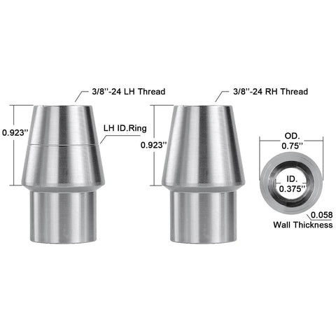 3/8 inch Heim Joint Rod End Kit tube adapters with .375 inch internal diameter, showing left and right hand 3/8"-24 threads.