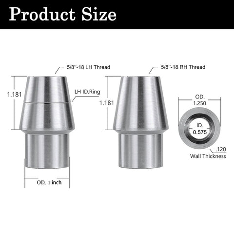 Specifications of 5/8 Heim Joints Rod End Kit with Right and Left Hand Threads, featuring dimensions and ID ring details