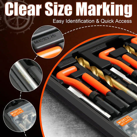 Close-up of Heavy Duty 320 Piece Helicoil Thread Repair Kit showing clear size markings for easy identification and access.
