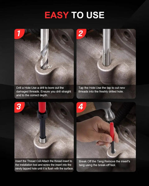 Step-by-step guide using Complete Metric Helicoil Thread Repair Kit For Automotive Engine And Industrial Machinery Including 156 Piece Set