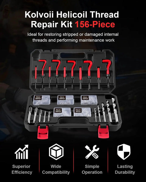 Complete Metric Helicoil Thread Repair Kit 156-piece set from Kolvoii for automotive engines and industrial machinery displayed in case