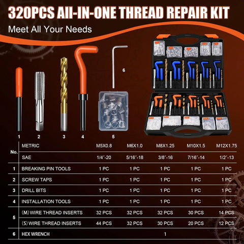 Heavy Duty 320 Piece Helicoil Thread Repair Kit With Metric And SAE Inserts for Automotive Engines and Machinery displayed with tools