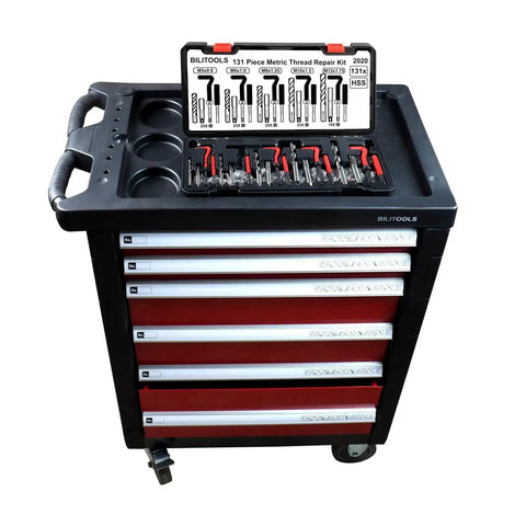 Helicoil Thread Repair Kit 131-Piece HSS Drill Bits Taps And Break Pins on a tool cart