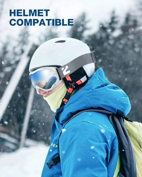 Person wearing Lagopus Ski Snowboard Goggles UV Protection Anti Fog For Men Women Youth, compatible with helmet, side view