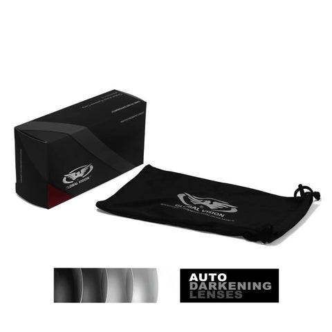 Packaging for Hercules 7 Photochromic Safety Sunglasses With Auto Darkening Lenses ANSI Z87.1 with case and lens transition graphic