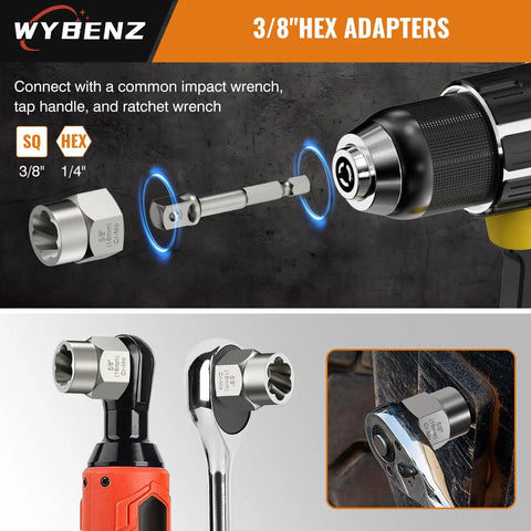 3/8 inch hex adapters for impact wrench, tap handle, and ratchet wrench; square and hex sizes visible