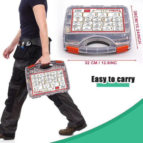 Person carrying Hex Head Nuts and Bolts Assortment Kit Grade 8.8 With Gold Zinc Plating and Washers SAE in a portable case
