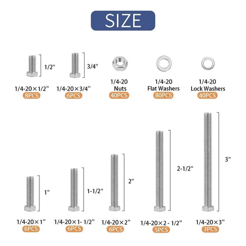 200Pcs Hex Bolts And Nuts Set Assortment Kit Carbon Steel Hardware Screws Size Chart