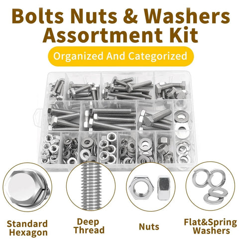 246Pcs Hex Bolts Fully Threaded Nuts Assortment Kit Stainless Steel 1 4 20 5 16 18 3 8 16 Flat And Lock Washers displayed in open case