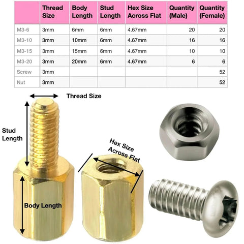 Hex Brass M3 Standoff And Spacer Kit With 208 Pieces Including 6mm 40Pcs 10mm 32Pcs shown with thread size chart, nut, and screw.