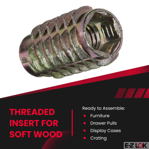 Go-To Knife Threaded Inserts For Soft Wood With Hex Drive Zinc Flush Finish 5/16-18 Internal Threads 0.984 Inch Length Pack Of 25