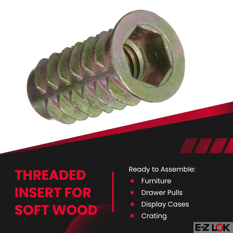 Soft Wood Threaded Inserts 3/8-16 Internal Threads Hex Flange Zinc 25mm Long Pack Of 25 For Pine Plywood MDF Furniture