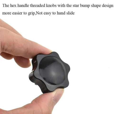 Hex Handle Threaded Knobs With Star Bump Grip For M8 16mm Posts, close-up of hand holding black clamping handgrip nut