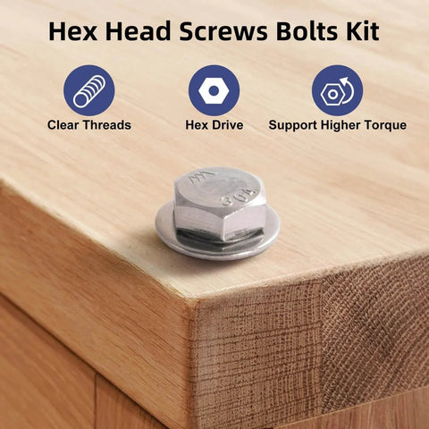 18 Sets 1/4-20 X 1-1/4 Hex Head Bolts Kit With Lock Nuts Flat Washers And Lock Washers 304 Stainless 18-8 on wooden surface