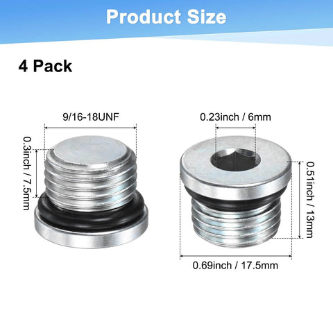 Image of 6 Pack 9/16-18 UNF Inner Hex Head Pipe Plug, Carbon Steel Socket Fitting with O Ring Seal, product size dimensions shown