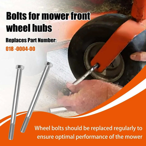 018-0004-00 Hex Head Screw Bolt for Bad Boy Lawn Mower, shown installed on wheel hub with two bolts depicted.